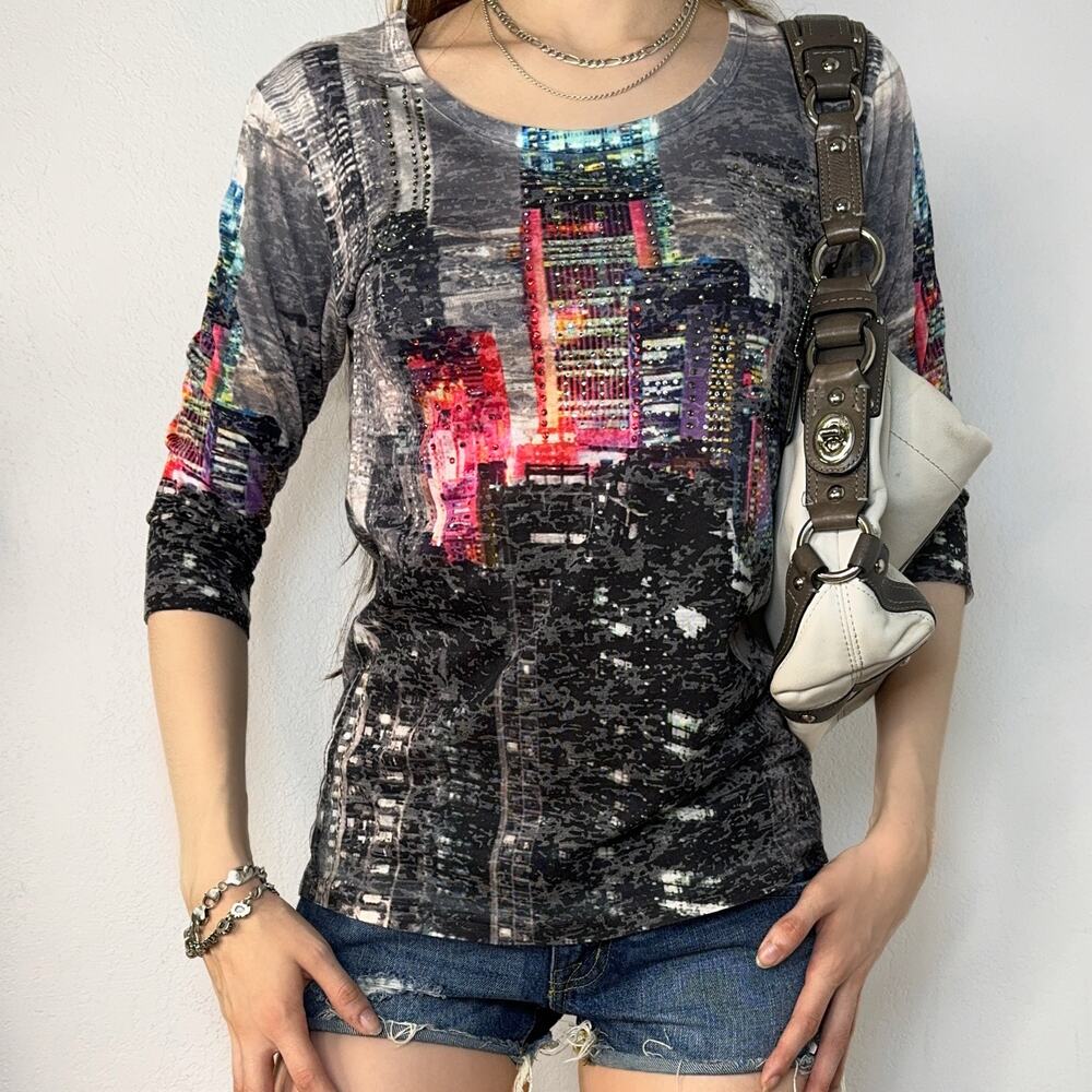 Y2K Cityscape Graphic Top Rhinestone Studded Indie Sleaze All Over Print Small